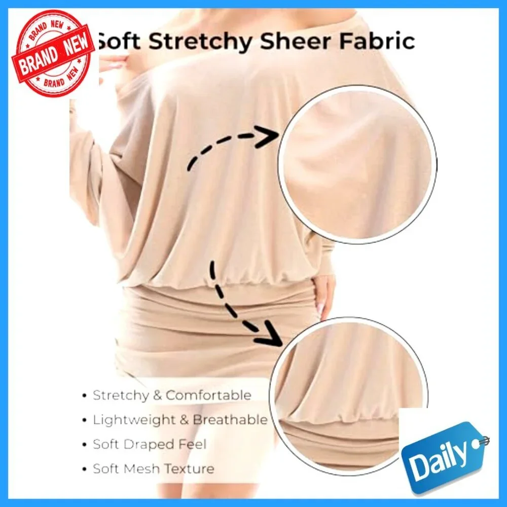 Long Sleeve Batwing Mini Dress Off Shoulder Ruched Sheer Oversized Casual